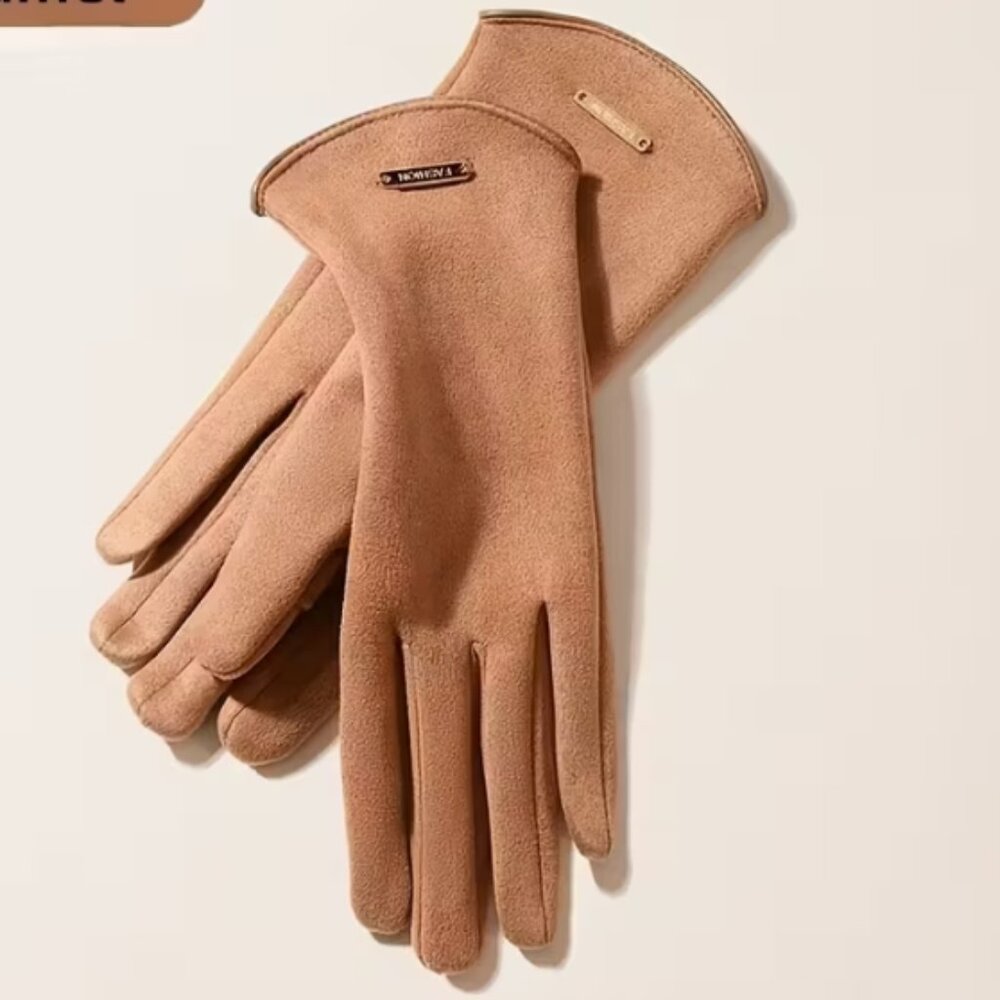 Women's Luxury Faux Suede Thermal Touchscreen Gloves w/ Silky Lining in Camel